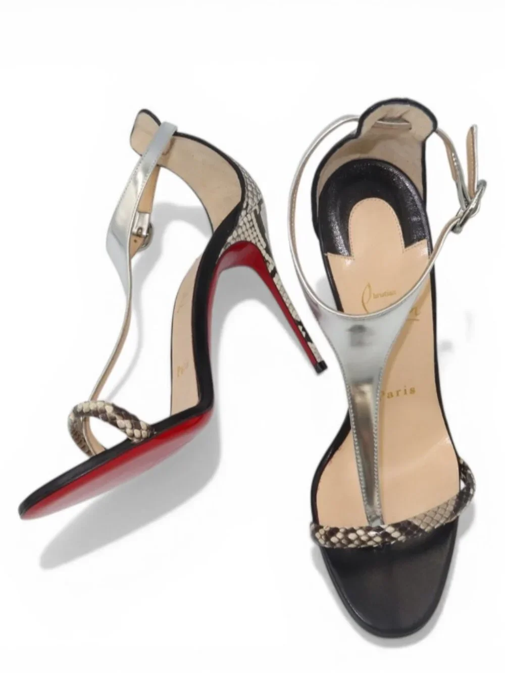 Christian Louboutin Athina Python T Strap Sandals Black Silver Size 37.5 - Picture 15 of 16